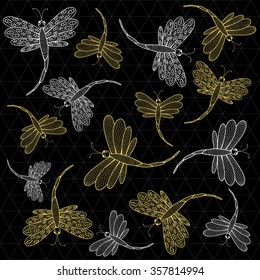 Fantasy dragonflies background on triangle grid