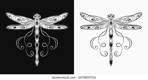 Fantasy dragonfly with curled antennae, stretched wings in Art Nouveau style. Single isolated colorful illustration in vintage style. Top view.