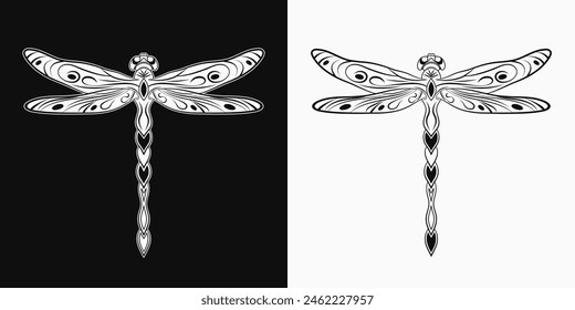 Fantasy dragonfly with stretched wings in Art Nouveau style. Single isolated black and white illustration in vintage style. Top view.