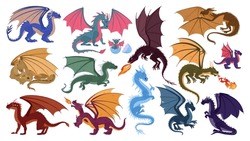 Fantasy Dragons. Cartoon Scary Fire Breathing Flying Reptiles, Fairy Dragon Characters Flat Vector Illustration Set. Winged Magic Dragons Collection