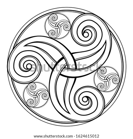 Fantasy drawing of amazing Celtic disk ornament of scrolling trickle symbol. Breton folk ethnic sign. Printable black and white template for print, logo or icon. Geometric circle triple spiral.