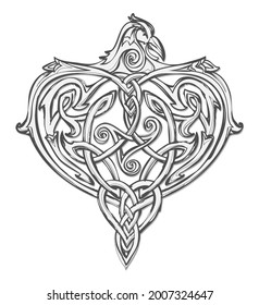 Fantasy drawing of ancient Nordic legendary bird. Imaginary creation ornate with Celtic disk ornament and triple spiral symbol. Print for logo, icon, fabric, tattoo, jewelry, decoration.