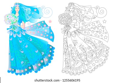 Fantasy drawing of beautiful girl in elegant wedding dress. Colorful and black and white page for coloring book. Greeting card for marriage ceremony. Worksheet for children and adults. 