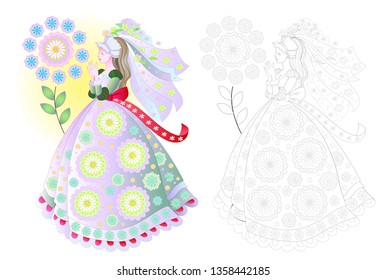 Fantasy drawing of beautiful girl in elegant wedding dress. Colorful and black and white page for coloring book. Greeting card for marriage ceremony. Worksheet for children and adults. 