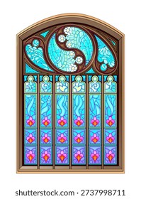Fantasy drawing of beautiful gothic stained glass window with. Gothic architecture in Western Europe. Medieval Architecture in French churches. Hand drawn vector illustration.