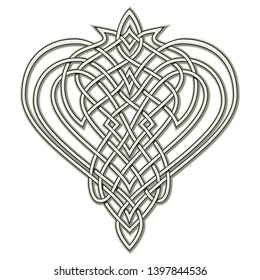 Fantasy drawing of Celtic popular ornament with interweaving knot pattern, heart symbol, logo. Printable template for modern print, t-shirt, embroidery, Henna, Mehndi, tattoo, decoration. Hand-drawn.