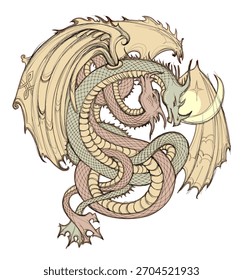 Fantasy drawing of couple of dancing dragons. Printable vintage template for logo, icon, coin, tattoo, emblem, badge. Hand drawn vector illustration.