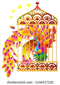 Fantasy drawing of fairyland fire-bird sitting in a gold cage. Vector cartoon image.