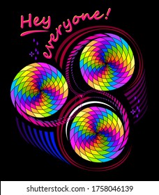 Fantasy drawing of geometric spirals in circles. Modern print of interweaving ornament with rainbow colors for logo, icon, symbol, fabric, embroidery, decoration. Hey everyone! Vector illustration.