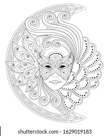 Fantasy drawing of girl face in beautiful Venetian carnival mask. Black and white page for coloring book. Poster for fashion and beauty. Modern print, embroidery, decoration. Hand-drawn vector image.