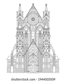 Fantasy drawing of Gothic castle. Medieval architecture in Western Europe. Black and white page for coloring book. Worksheet for children and adults. Vector illustration of Christian cathedral.