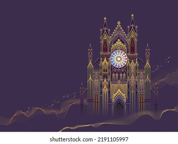 Fantasy drawing of Gothic castle with stained glass windows. Medieval kingdom. Middle ages in Europe. Illustration for kids fairy tale book. Background for poster, wallpaper, banner, travel company.