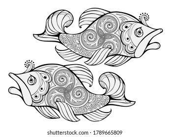 Fantasy drawing of imaginary fairy tale fishes decorated with Celtic trickle ornament. Black and white ethnic print for t-shirt, embroidery, tattoo, decoration. Coloring book. Hand-drawn vector.