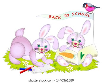 Fantasy drawing for kids of cute little rabbits learning to count and to read. Back to school. Cover for children textbook. Illustration for educational baby book. Printable vector cartoon image.