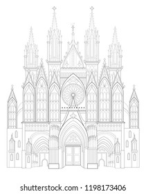 Fantasy drawing of medieval Gothic castle. Black and white page for coloring book. Worksheet for children and adults. Vector image.