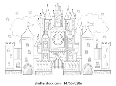 Fantasy drawing of medieval Gothic castle in Western Europe. Fairyland kingdom. Black and white page for coloring book. Worksheet for children and adults. Vector image.