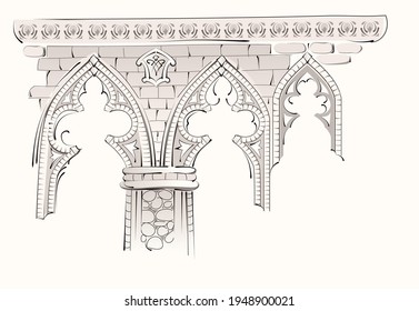 Fantasy drawing of old stone wall. Ruined knight castle with stained glass windows. Sketch of Gothic cathedral interior. Middle ages in Western Europe. Background for poster, banner, travel company.