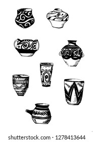 Fantasy drawing vases. A set of vaz sketches. Beautiful vases painted with ink. Ancient primitive vases. Ancient patterns. Linear sketches.