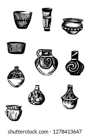 Fantasy drawing vases. A set of vaz sketches. Beautiful vases painted with ink. Ancient primitive vases. Ancient patterns. Linear sketches.