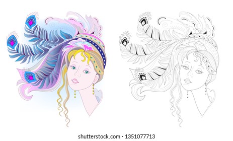 Fantasy drawing of woman face with fashionable hairstyle. Colorful and black and white page for coloring book. Modern print. Advertising poster for hairdresser. Vector cartoon image.