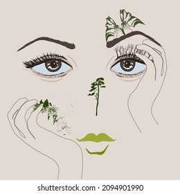 Fantasy: a drawing of a woman's face and hands, on it there are trees, grass.
