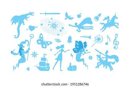 Fantasy dream flat color vector object set. Imagination of folklore story. Role play. Fairytale patches. Romantic novel isolated cartoon illustration for web graphic design and animation collection