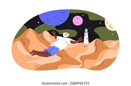 Fantasy dream, imagination concept. Dreamer flying, exploring imaginative world, dreamscape. Person travel in fantastic fairytale space. Flat graphic vector illustration isolated on white background