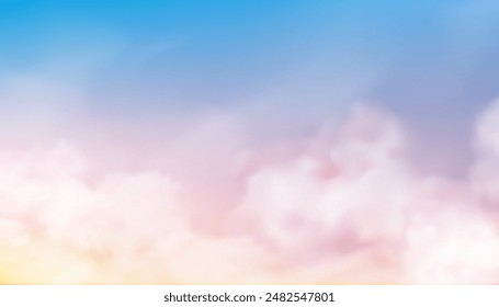 Fantasy Dreamy Sunrise Blue,Pink,Yellow,Orange Cloud Sky Pastel for Winter Background.Vector Soft Cloudy fluffy texture with colouful gradient.Fairy Sunset Nature landscape in Autumn,Sweet sky in Fall