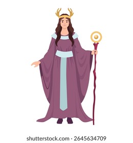 Fantasy Druid Woman with Antler Crown. Flat vector illustration isolated on white background