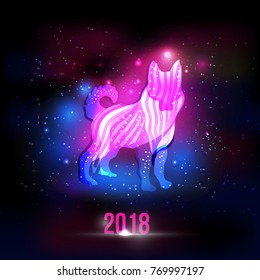 Fantasy duotone dog silhouette with snowflakes and 2018 New Year inscription on the night sky with lights and stars. Dog silhouette hologram