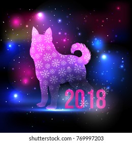 Fantasy duotone dog silhouette with snowflakes and 2018 New Year inscription on the night sky with lights and stars. Dog pink and blue silhouette hologram for postcards, greeting cards