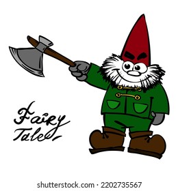 Fantasy dwarf with axe. Green robe gnome engineer. Outline fairy character. Man with beard, red hat, boots. coloring for childrens book. Creature for wonder land. 