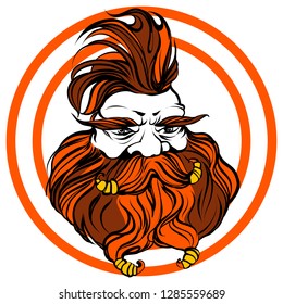 Fantasy dwarf engineer face. Colored outline fairy character. Man with big beard, iroquois, moustache. Red head man for barber shop. Creature from wonder land.