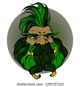 Fantasy dwarf engineer face. Colored outline fairy character. Man with big beard, iroquois, moustache. green head man for barber shop. Creature from wonder land. St. Patrik's Day leprechaun  gaffer. 