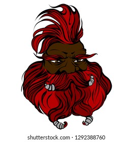 Fantasy dwarf engineer face. Colored outline fairy character. Man with big beard, iroquois, moustache. Red head man for barber shop. Creature from wonder land. Red gaffer. Funny oldster