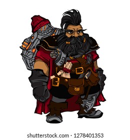 Fantasy dwarf engineer. Outline fairy character. Man with beard, iroquois, backpack, lantern, boots, axe. colored gnome for childrens book. Creature for wonder land. 