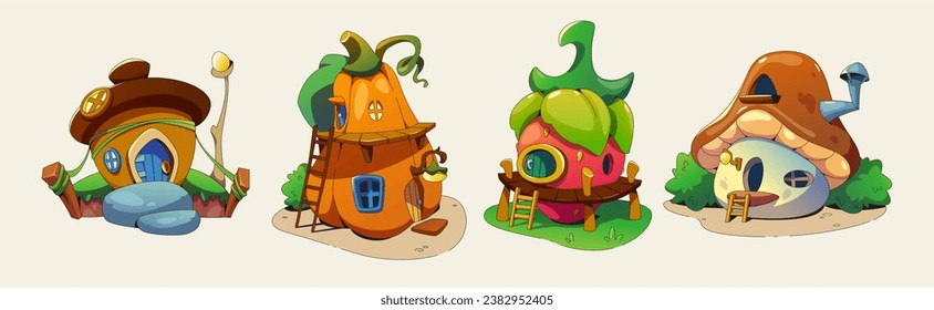 Fantásticas casas enanas aisladas en un fondo blanco. Dibujo vectorial de bellota, calabaza, fresa, cabañas de hongos con puertas de madera, ventanas, escaleras y techos, elementos de diseño de cuento de hadas