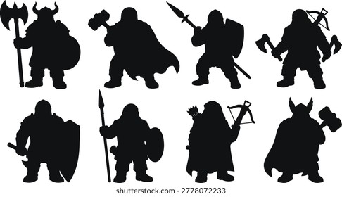 Fantasy dwarf warrior silhouettes, mythical bearded fighters with axes, hammers, crossbows, spears, armored dwarven soldiers, medieval fantasy battle characters, mythical infantrymen.