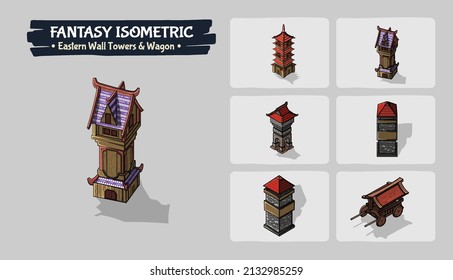 Fantasy Eastern Tower building assets design - Isometric Vector Illustration