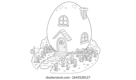 Fantasy Egg House Line Art Design Whimsical Structure with Small Door Windows Tulip Patch Outline Sketch