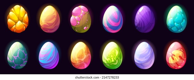 Fantasy eggs of dragon, dinosaur, alien monster, or magic creature isolated on black background. Vector cartoon set of fairy tale eggs with different texture for ui game design