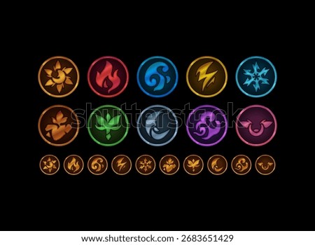 Fantasy elemental coin icon pack. Fire, water, wind, earth, nature, sun, shadow, ice, lightning, spirit. RPG skill button, game currency token, upgrade emblem, polished fantasy UI badge.