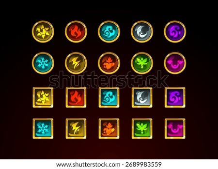 Fantasy elemental icons set, golden framed game UI symbols of fire, water, air, earth, lightning, and magic elements, RPG interface design.