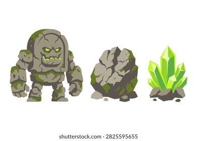 Fantasy elements featuring stone creature golem next to pile of rocks and glowing green magic crystal shards for gaming.
