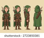 A fantasy elf archer character shown from front, side, and back views, with a bow and quiver.