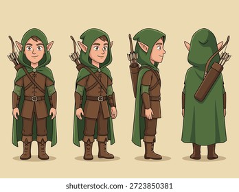 Un personaje de arquero elfo de fantasía mostrado desde las vistas frontal, lateral y posterior, con un arco y carcaj.