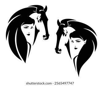 fantasy elf woman with long hair and wild mustang horse head - fairy tale girl and her friend animal black and white vector outline portrait