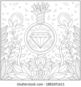 Fantasy emerald flower plant and jewelry in the woods. Learning and education coloring page illustration for adults and children. Outline style, black and white drawing
