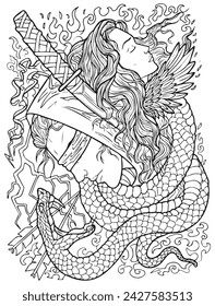 Fantasy engraved hand drawn illustration with beautiful woman, blind warrior, sword and snake. Black and white vector graphic art 