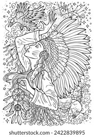 Fantasy engraved illustration with beautiful American Indian woman as witch or magician for coloring page. Hand drawn graphic line art with ethnic concept as tattoo, poster or card. 